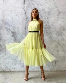 Лимонное шифоновое платье в миди