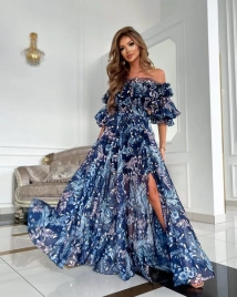Летнее длинное шифоновое платье темно-синего цвета