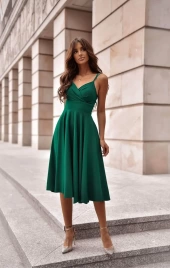 Изумрудно-зеленое платье миди на бретельках А-силуэта 