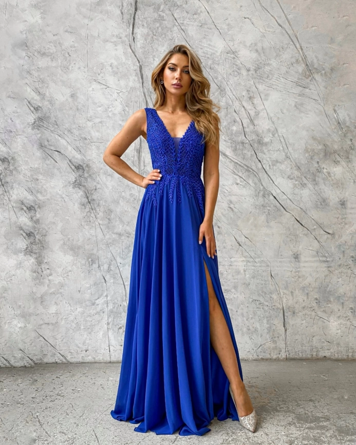 Синее длинное вечернее платье в пол фото 3