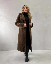 Длинная коричневая шуба из экомеха под мутон