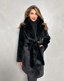 Черная шуба миди из экомеха под норку