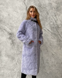 Шуба тедди шерстяная с деталями из эко-кожи, лавандовая