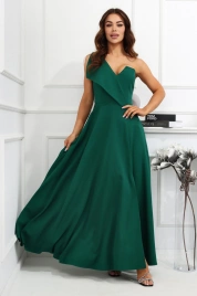 Длинное вечернее платье асимметричное изумрудно-зеленое с пиджачным лацканом