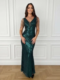 Платье-русалка изумрудное с пайетками и бусинами
