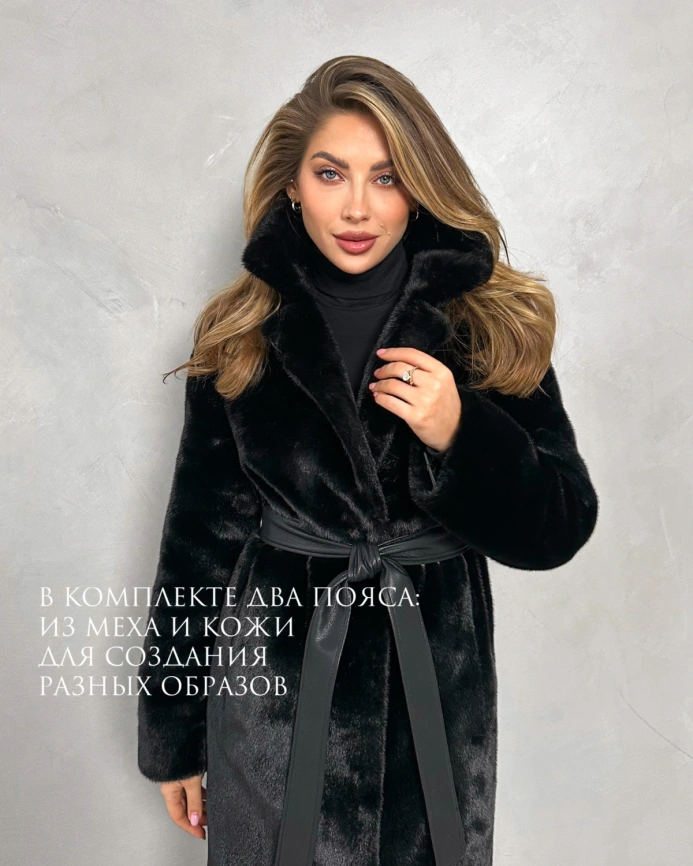 Длинная черная шуба из эко меха под норку фото 6