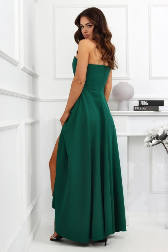 Длинное вечернее платье асимметричное изумрудно-зеленое с пиджачным лацканом фото 4