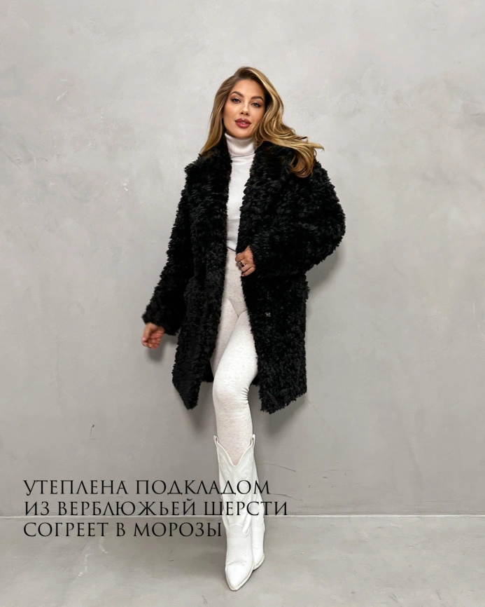 Шуба-миди из экомеха «тиградо» черного цвета фото 2