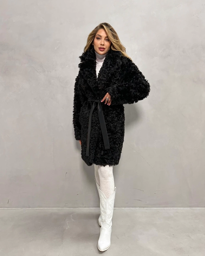 Шуба-миди из экомеха «тиградо» черного цвета фото 8