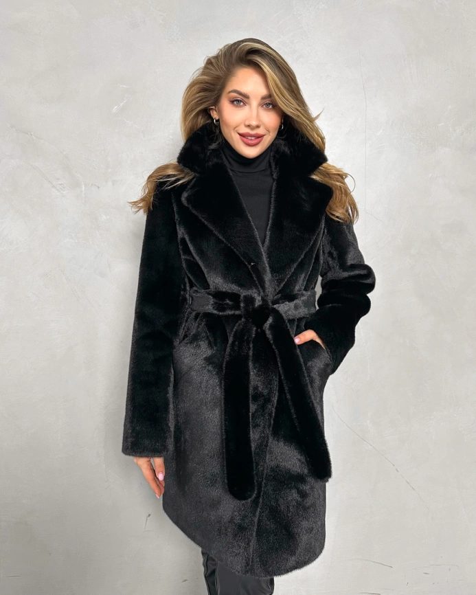 Черная шуба миди из экомеха под норку фото 1