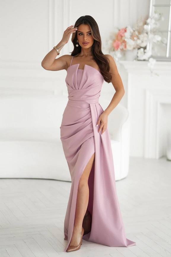 Длинное пудрово-розовое вечернее платье-футляр с регулируемыми бретельками и шнуровкой на спине фото 4