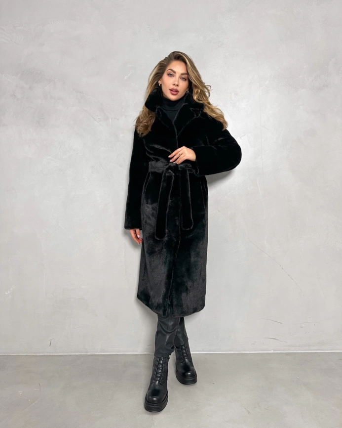Длинная черная шуба из эко меха под норку фото 3