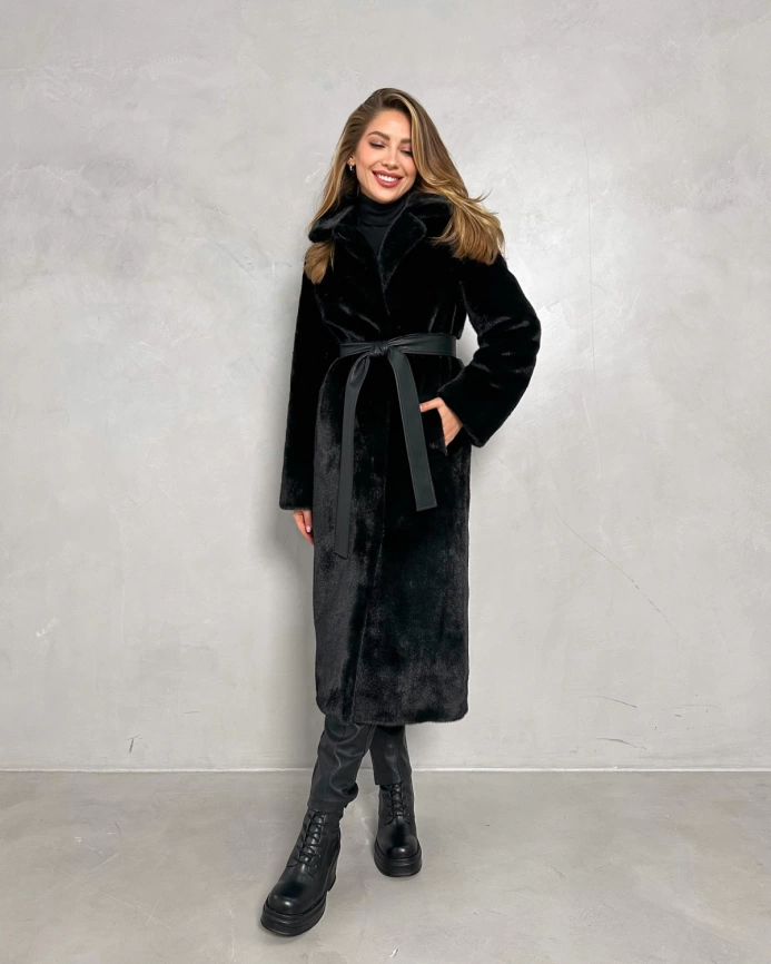 Длинная черная шуба из эко меха под норку фото 2