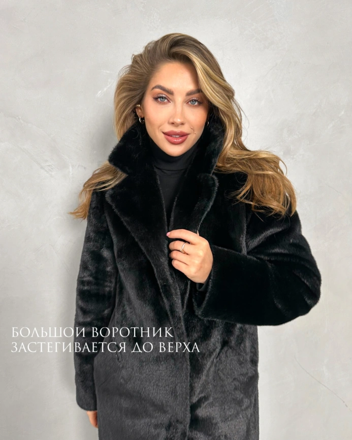 Черная шуба миди из экомеха под норку фото 6