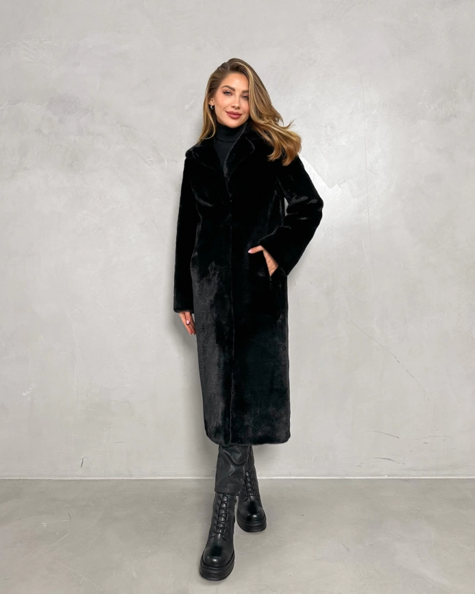 Длинная черная шуба из эко меха под норку фото 6