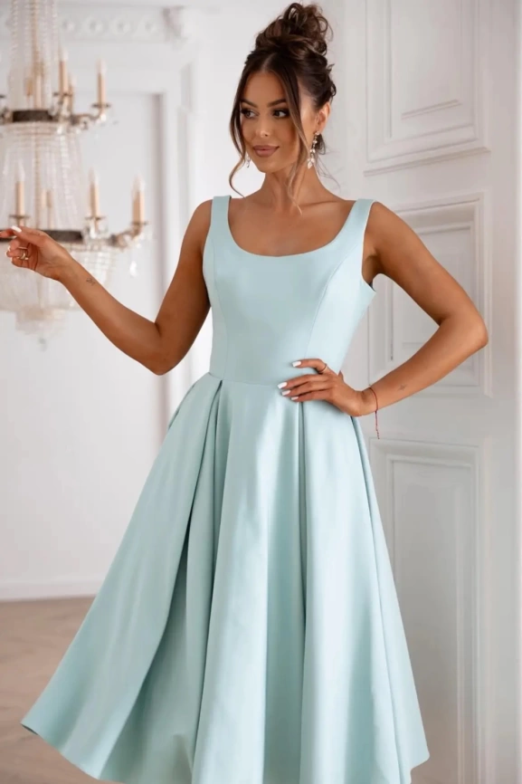 Мятное платье миди с юбкой "солнце" и круглым декольте фото 3