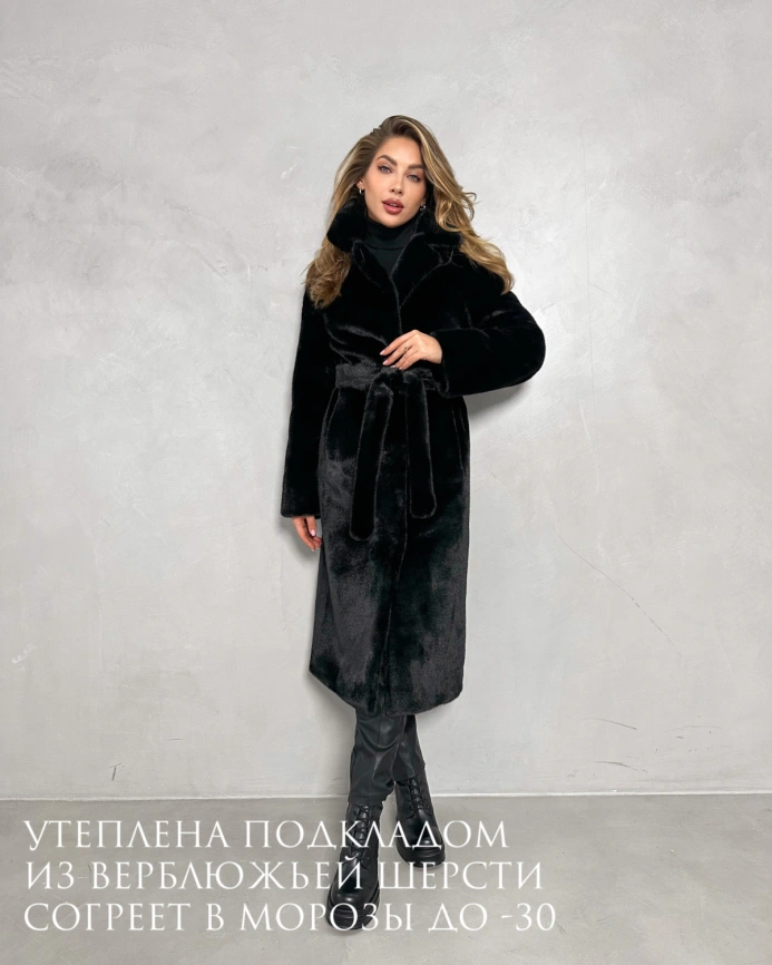 Длинная черная шуба из эко меха под норку фото 2
