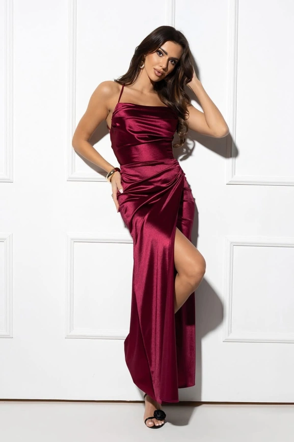 Длинное вечернее платье-рыбка винно-бордового цвета с открытой спиной и шнуровкой фото 1