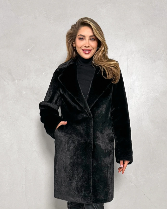 Черная шуба миди из экомеха под норку фото 9