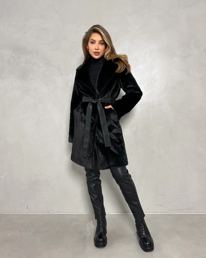 Черная шуба миди из экомеха под норку фото 4