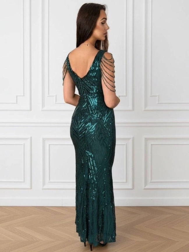 Платье-русалка изумрудное с пайетками и бусинами фото 3
