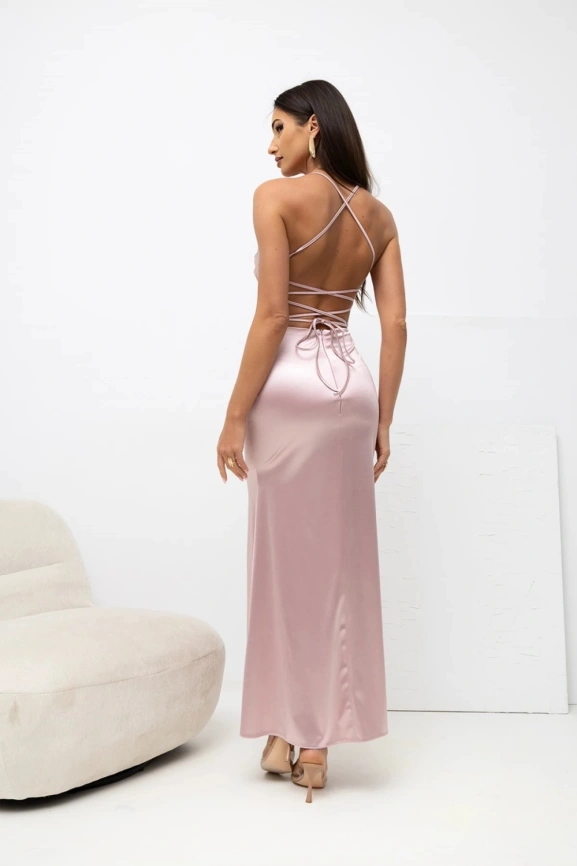 Длинное вечернее платье-рыбка пудрово-розового цвета с открытой спиной и шнуровкой фото 2