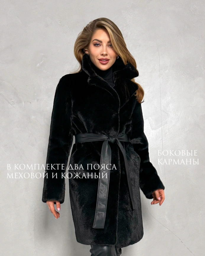 Черная шуба миди из экомеха под норку фото 2