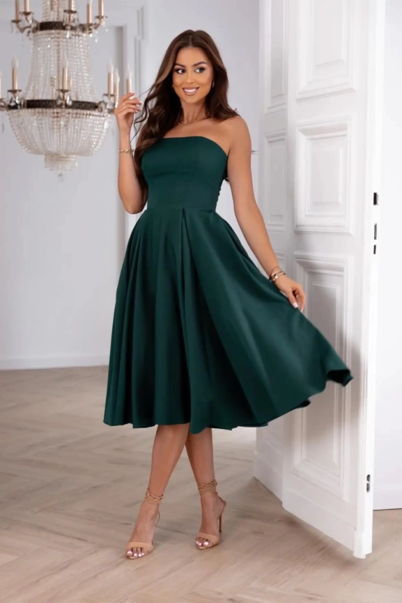 Изумрудное платье-бюстье с расклешенной юбкой миди фото 1