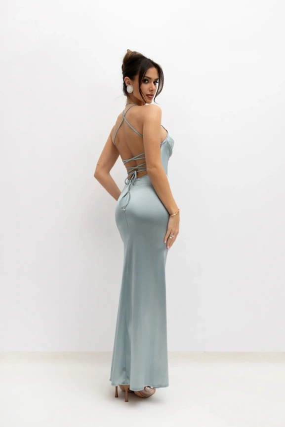 Длинное вечернее платье-рыбка мятного цвета с открытой спиной и шнуровкой фото 2