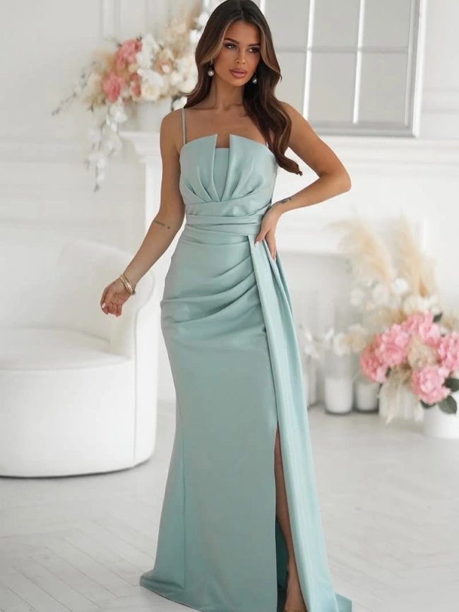 Длинное мятно-зеленое вечернее платье-футляр с регулируемыми бретельками и шнуровкой на спине фото 5