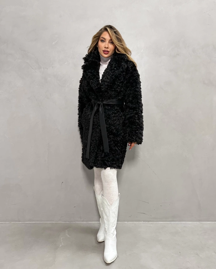 Шуба-миди из экомеха «тиградо» черного цвета фото 4