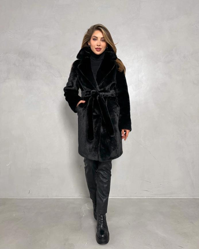 Черная шуба миди из экомеха под норку фото 8